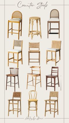 various chairs and stools are shown in this image with the caption for each chair