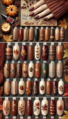 The image showcases a collection of cozy and stylish nail designs inspired by the autumn season. The designs include rich, warm colors like deep burgundy, burnt orange, and olive green. Patterns feature autumn leaves, acorns, and subtle plaid designs. Other designs incorporate earthy tones with gold accents, ombre effects mimicking the changing leaves, and matte finishes for a sophisticated look. There are also minimalist designs with simple, elegant lines and tiny leaf motifs Nail Art Leaves Autumn, Leaf Art Nail Art, Autumn Nails Burnt Orange, Acorn Nails Designs, Raised Nail Art, Burnt Orange And Green Nails, Oval Gel Nails Fall, Nov Nail Designs, Fall Finger Nails