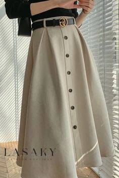 Lasaky - Chic Autumn Essentials: High-Waisted White Faux-Leather Midi A-Line Skirt with Pleated Hem Nylon Skirt, Velvet Midi Skirt, Midi Skirt Set, Southern Fashion, Midi Skirt Outfit, Cute Modest Outfits, Umbrella Skirt, Professional Outfits Women, Modest Dresses Casual