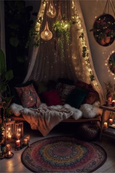 a living room filled with lots of lights and decorations