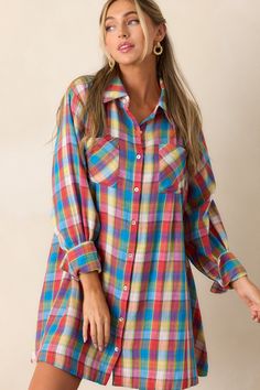 Gliding By 100% Cotton Blue Multi Plaid Mini Dress Long Sleeve Cotton Mini Dress, Casual Gingham Mini Dress For Fall, Multicolor Long Sleeve Mini Dress For Fall, Spring Cotton Plaid Long Sleeve Dress, Casual Gingham Plaid Long Sleeve Dress, Casual Long Sleeve Plaid Dress In Gingham Pattern, Spring Long Sleeve Cotton Plaid Dress, Long Sleeve Cotton Plaid Dress For Fall, Spring Long Sleeve Plaid Cotton Dress