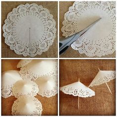 four pictures showing how to make paper doily