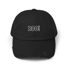 Made with 100% cotton twill for high-end comfort and durability, these quoted "BOO!" distressed hats bring all the style and halloween spirit one needs. The low profile along with the D-ring closure on a self-fabric hideaway strap ensures both proper protection from the sun and that perfect, adjustable fit.  Please note: Small details and letters within 1/2 inch of the seam line should be avoided due to the nature of DTF printing. Small prints may lift from the fabric. Prefer wider logos and images, or ensure text has a sufficient background to improve adhesion. .: 100% cotton twill .: Sewn-in label .: Closure: self-fabric hideaway strap with metal D-ring slider .: Printed using Direct to Film (DTF) technology  .: Please note: Due to a special finishing process, distress and color may vary Boo Quote, Ghost Hat, Cap Cute, Halloween Apparel, Distressed Hat, Embroidered Hat, Dtf Printing, Halloween Spirit, Embroidered Hats