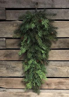 a pine branch hanging on a wooden wall