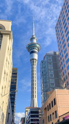 there is a very tall tower in the middle of this city with many buildings around it