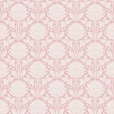 a pink and white wallpaper pattern with large leaves on the bottom half of it