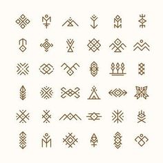 a collection of native american symbols in brown on a white background, including arrows and trees