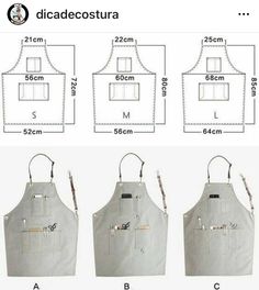 three aprons are shown with measurements for each one, and the other is labeled