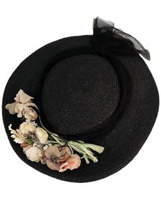 "Original thirties vintage straw hat in a small cap shape, with a row of faded pink flowers decorating the hat band that give a wonderful shabby chic charm. Brown netting tied at the back of the hat. Approx 21\" internal circumference." Vintage Straw Hat, Black Straw Hat, Quality Hats, Black Hat, Hat Band, Straw Hat, True Vintage, Floral Decor, Flower Decorations