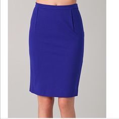 This Jersey Skirt Features Darts At The Waist And A Hidden Zip At The Side. Fabrication: Mid-Weight Jersey.. 71% Viscose/23% Polyamide/6% Elastane. Laid Flat Across @ Waist: 13.5", Length: 22". Nwot Blue Chic Knee-length Mini Skirt, Chic Blue Knee-length Mini Skirt, Chic Blue Pencil Skirt For Workwear, Chic Blue Pencil Skirt For Work, Blue Pleated Mini Skirt For Work, Elegant Blue Relaxed Mini Skirt, Chic Blue Knee-length Skirt, Chic Blue Mini Skirt For Workwear, Chic Blue Mini Skirt For Work