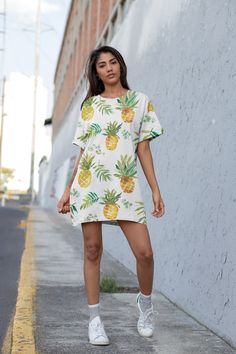 Hello and thank you for your support! This Pineapple T-shirt Dress is perfect for any pineapple-lover or just anyone who loves fruity fashion. This cute dress is made of lightweight watercolor fabric and is ideal for warmer weather. It is comfortable lounge wear, and the pineapple design adds a touch of fun to any outfit. This dress is perfect for a summer look and is an excellent choice for any woman's wardrobe. The relaxed fit and bright colors will brighten up any day. Whether you're looking Pineapple Fashion, Dress For The Beach, Fruit Fashion, Watercolor Pineapple, Pineapple Dress, Watercolor Fabric, Dream Fashion, Pineapple Design, Lounge Dress