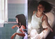 two pictures of a woman in the bathroom