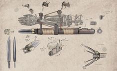 a drawing of some kind of mechanical device with many parts attached to it, including scissors and knives