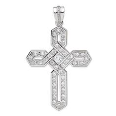 Sterling Silver CZ Cross Pendant Sterling Silver Cross Fine Jewelry, Fine Jewelry Sterling Silver Cross, Exquisite Platinum Jewelry With Polished Finish, Silver Diamond Pendant Jewelry, Luxury Cross-shaped Diamond Jewelry, Silver Fine Jewelry With Diamond Cut, Silver Diamond Cut Fine Jewelry, Dazzling Silver Pendant Jewelry, Polished White Gold Sterling Silver Jewelry