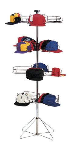 PRICES MAY VARY. 64"H x 26" Chrome and Black Finish Sign Holder Included Four Rotating Tiers retail hat display Help your customers accessorize! With the 4-Tier Hat Rack, you are provided with four rotating tiers that can hold up to 96 caps! Attract customers to the display by placing it on the floor next to coordinating clothing items, or next to the counter in encourage an impulse buy. The Cap Rack stands 64" High with a 26" diameter and a 26" wide base. In chrome finish, this floor standing c Freestanding Hat Stand, Beer Can Holder Hat, Large Hat Hanger, Display For Wreaths, Closet Hat Stand, Hat Stand Plant Hanger, Hanging Fitted Hats, Mirror Hat Holder, Cold Weather Accessories Display