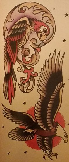 an eagle tattoo with stars and swirls on it