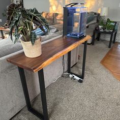 a table with a lamp on it and a potted plant sitting next to it