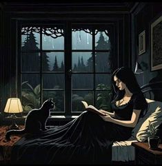 a woman sitting on a bed reading a book next to a cat in front of a window