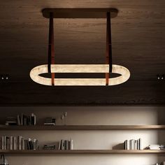 a modern light fixture hanging from the ceiling in a room with bookshelves and shelves