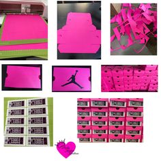 pink and green paper cut outs with the silhouettes of a basketball player on them