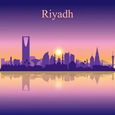 a city skyline with the name riyadah on it in purple and orange colors