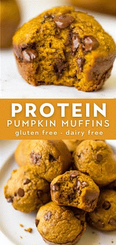 pumpkin muffins stacked on top of each other with text overlay that reads, protein pumpkin muffins gluten free dairy free