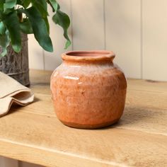 a brown vase sitting on top of a wooden table next to a potted plant