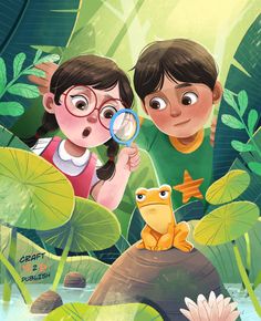 two children looking through magnifying glass in the jungle