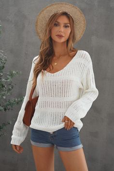 Sizing: Relaxed fit Pattern: Solid Features: Open knit, long sleeves, wide neck Neckline: V-neck Sheer: Yes Stretch: Slightly stretchy Product measurements: S: length 22 in, bust 37 in, shoulder 19 inM: length 23 in, bust 39 in, shoulder 20 inL: length 24 in, bust 41 in, shoulder 20 inXL: length 25 in, bust 44 in, shou Knitting Materials, Full Sleeve, Sweater Shop