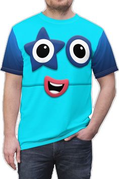 Blue Superhero T-shirt With Character Print, Blue Anime Print Costume For Halloween, Blue Anime Print Halloween Costume, Blue Anime Print Costume For Themed Events, Blue Short Sleeve Themed Tops, Blue Short Sleeve Superhero Tops, Funny Blue Tops For Birthday, Blue Superhero Short Sleeve Top, Blue Cartoon Print Tops For Disney Fan Events