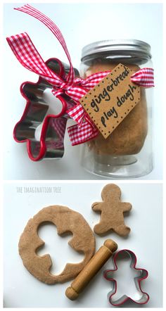 gingerbread cookies in a jar with cookie cutters