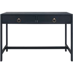 a black desk with two drawers on one side and an open drawer on the other