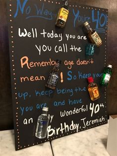 a sign that has some bottles on it with words written in the bottom right corner