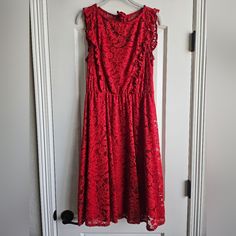 Beautiful Red Lace Dress By Lauren Conrad. Slip Dress Underneath With Small, Spaghetti Straps, And Gorgeous Lace Overlay. No Buttons Or Zippers, So Goes On/Off Over Your Head. The Fabric Is Giving So It's Easy To Get On/Off. Tie At The Top Neck To Help Tighten And Some Elastic In The Waist. Cut The Tags Off, But Never Wore - My Loss Can Be Your Gain! Pet And Smoke-Free Home. No Rips, Holes, Or Stains. Lace Is In Tact! Measurements W: 14 In L Slip Underneath: 40 In L Lace Overlay: 42 In Red Lace Sleeveless Dress, Red Lace A-line Dress, Red A-line Lace Dress, Holiday Red Sleeveless Midi Dress, Sleeveless Red Midi Dress For Holiday, Red Sleeveless Midi Dress For Holiday, Red Sleeveless Lace Dress, Red Sleeveless Lace Dress For Spring, Red Sleeveless Lace Dress For Summer