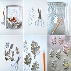 four different pictures of leaves and scissors on a table with pencils, glue, and paper