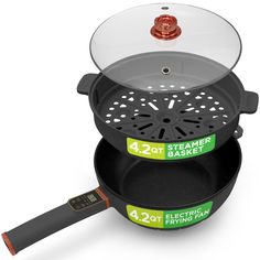 an electric frying pan with the lid open