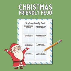 the christmas friendly feud is next to a sheet of paper with santa claus on it