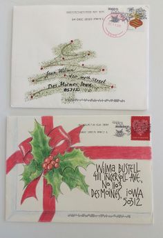 two envelopes with christmas designs on them, one has a red ribbon and the other has a green holly