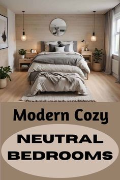 modern cozy neutral bedroom with wood flooring