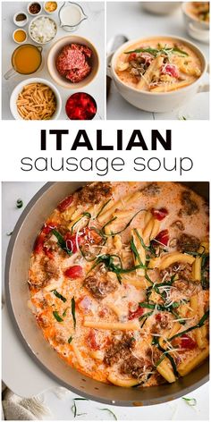 italian sausage soup with pasta and vegetables in bowls