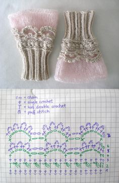 two knitted mittens sitting next to each other on top of a piece of paper