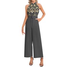 Elevate your wardrobe with this fashionable artistic jumpsuit, designed to make a statement on any occasion. Whether you're attending a wedding reception, a cocktail party, or a stunning evening event, this piece ensures you stand out with its special elegant design.   Key Features   - Chic Art Deco design:     The halter neck top features a stylish pattern inspired by Art Deco, with geometric shapes and metallic gold and silver accents on a deep black background.   - Elegant and comfortable fab Elegant Sleeveless Jumpsuits And Rompers For Party, Elegant Fitted Jumpsuits And Rompers For Party, Elegant Formal Pantsuit For Party Season, Elegant Sleeveless Jumpsuits For Night Out, Elegant Sleeveless Jumpsuits And Rompers For Night Out, Elegant Evening Jumpsuits And Rompers For Party Season, Elegant Black Fitted Jumpsuits And Rompers, Fitted Pantsuit For Formal Party Season, Fitted Formal Pantsuit For Party Season