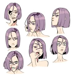 a woman with purple hair and various facial expressions, including her nose to the side