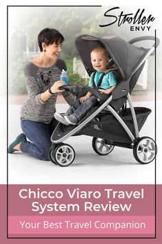 a woman pushing a stroller with a child in it and an ad for chicco