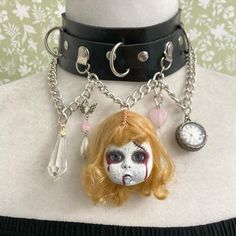 OOAK Vintage REPURPOSED Madame Alexander Creepy Doll Gothic Punk Halloween Choker Necklace Punk Necklace With Lobster Clasp For Halloween, Punk Style Halloween Chain Necklace, Punk Halloween Chain Necklace, Punk Halloween Chain Necklaces, Edgy Halloween Necklaces For Alternative Fashion, Halloween Punk Style Chain Necklace, Edgy Halloween Necklace For Alternative Fashion, Emo Necklaces For Halloween And Alternative Fashion, Punk Halloween Necklaces For Alternative Fashion