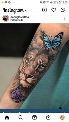 a tattoo with a lion and butterfly on it's arm, next to an instagram page