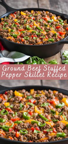 ground beef stuffed pepper skillet recipe in a cast iron pan