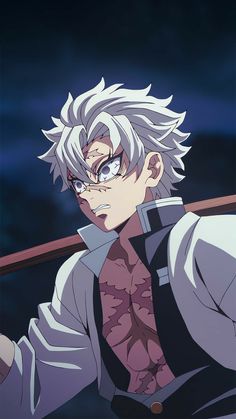 an anime character with white hair and glasses looking off to the side in front of a dark background