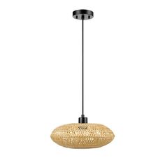 a light that is hanging from a ceiling fixture with a rattan pattern on it