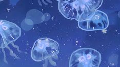 blue jellyfish floating in the water with bubbles and stars around them on a dark blue background